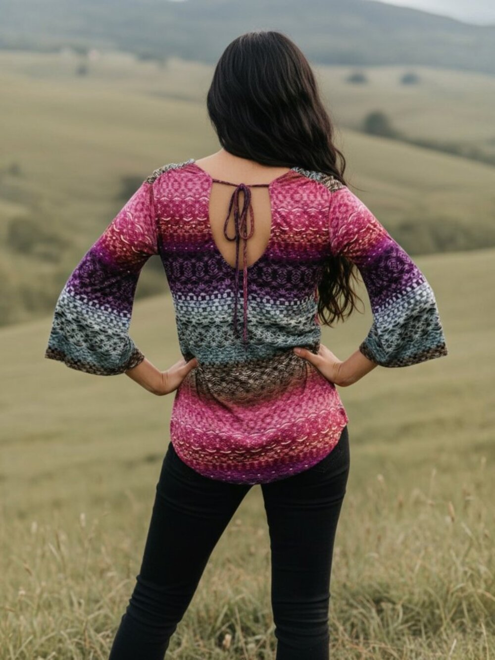 NWT Democracy Boho Abstract Chevron Angel Sleeve V-Neck Top Blouse L Multicolor - Picture 2 of 9
